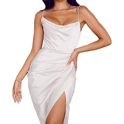 KBRPEY Damen Sexy Bodycon Maxikleid Cami Figurbetontes Kleid, Damen Spaghettiträger Midikleid Asymmetrisch Figurbetontes Ärmelloses Kleid Enger Sommerkleid Partykleid mit Schlitz (Weiß L) von KBRPEY