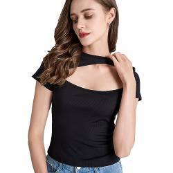 KBRPEY Damen Sommer Elegant T Shirt Damen Kurzarm Oberteile Rundhals Basic Tops Bluse,2023 Sommer Crop Top Rücken Cut Out T-Shirt, Teenage Aesthetic Mädchen Outfits (L) von KBRPEY