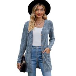 KBRPEY Damen Strickjacke Lang Cardigan Strickjacken für Damen Cardigan Damen Elegante Lange Ärmel Oberteile Casual Langarm Top Open Front Sweater Herbst Winter Jacke Mantel (Hellblau M) von KBRPEY