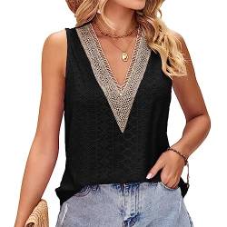 KBRPEY Damen Tank Top V-Ausschnitt Cami Ärmellose Blusen Sommer Weste Shirt Tops Bluse Spitzentop Top mit Spitze Oberteile Casual Camisole Einfarbig (Schwarz M) von KBRPEY