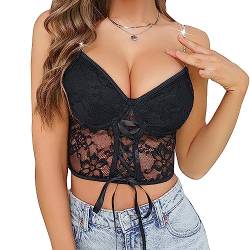 KBRPEY Korsett Damen Sexy Spitze Blumendruck Träger Korsett Kurzes Crop Top Sexy Sommer Camisole Spitzen Schlauchoberteil Lace Up Waist Cincher Shaper Bustier Aesthetic (S) von KBRPEY