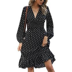 KBRPEY Langarm Kleid Damen V Ausschnitt Kleid Elegant Rüschensaum Freizeitkleider Polka Dots Kleid Damen Lange Ärmel Midikleid Abendkleid Fließende Korsettkleider(Black XL) von KBRPEY