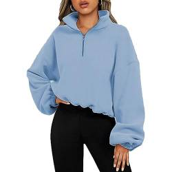 Zip Sweatshirt Damen übergroße Jacket Sweatshirt Pullover Damen Loose Langarm Tops Casual Oberteil Streetwear Sweatshirt ohne Kapuze Lange Ärmel Tops(Blue M) von KBRPEY