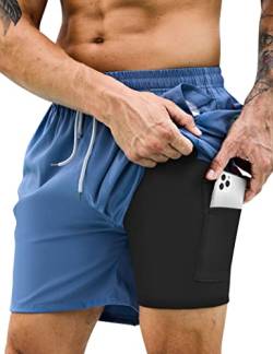 KBVOT Badehose Herren mit Kompression Liner Schnelltrocknend Badeshorts Männer Kurz Boardshorts Schwimmhose 2 in 1 Badehosen mit Innenhose Surfen Strandhose von KBVOT