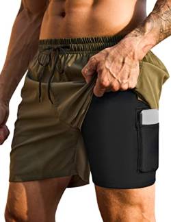 KBVOT Badehose Herren mit Kompression Liner Schnelltrocknend Badeshorts Männer Kurz Boardshorts Schwimmhose 2 in 1 Badehosen mit Innenhose Surfen Strandhose von KBVOT