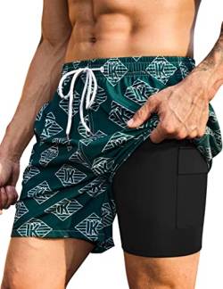 KBVOT Badehose Herren mit Kompression Liner Schnelltrocknend Badeshorts Männer Kurz Boardshorts Schwimmhose 2 in 1 Badehosen mit Innenhose Surfen Strandhose von KBVOT