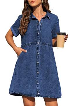 KDF Jeanskleid für Damen mit Taschen, kurzärmelig, Babydoll, Denim-Shirt-Kleider für Damen 2024, Marineblau, Groß von KDF