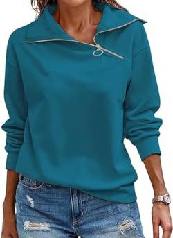 KEBORUILA Pullover Damen Stehkragen Langarm und 1/4 Ausschnitt mit Reißverschluss Frühling Herbst Sweatshirt Oberteile Top Blauer See L von KEBORUILA