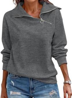 KEBORUILA Pullover Damen Stehkragen Langarm und 1/4 Ausschnitt mit Reißverschluss Frühling Herbst Sweatshirt Oberteile Top Dunkelgrau XS von KEBORUILA