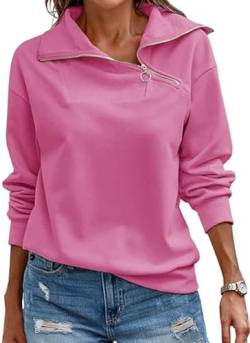 KEBORUILA Pullover Damen Stehkragen Langarm und 1/4 Ausschnitt mit Reißverschluss Frühling Herbst Sweatshirt Oberteile Top Heißes Rosa M von KEBORUILA