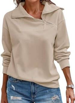 KEBORUILA Pullover Damen Stehkragen Langarm und 1/4 Ausschnitt mit Reißverschluss Frühling Herbst Sweatshirt Oberteile Top Khaki XXL von KEBORUILA