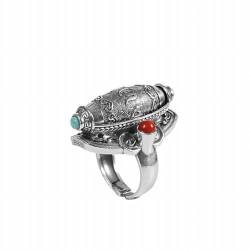 KEDDJI S925 Silber Eingelegt Türkis Südliche Rote Sechs Zeichen Mantra Ring, Retro Männliche Öffnung Drehbar Ring, Ring, Eröffnung von KEDDJI