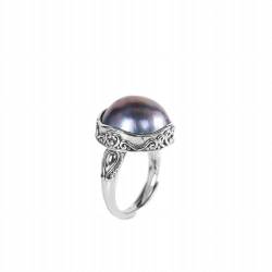 KEDDJI S925 Silber Inlay Pearl Ring Thai Silber Vintage Handpiece Offener Ring, Perlenring von KEDDJI