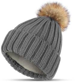 KEECOW Strickmütze Damen Winter,Thermal Warm Wintermütze Fleece Beanie Mütze mit Bommel(Grau) von KEECOW