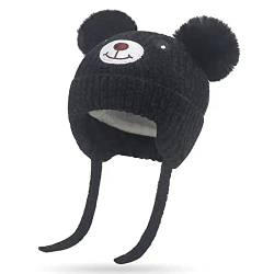 KEELYY Baby Mütze Beanie Strickmütze Herbst Wintermütze Süßer Bär Hut mit Earflap und Bindebändern Warm Hat für Jungen Mädchen von KEELYY