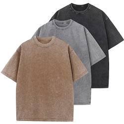 3 Stück übergroße schwere Baumwolle Sommer T-Shirts Vintage Unisex Kurzarm Casual Lose Basic Tops, A-kaffee+grau+schwarz, L von KEEPSHOWING