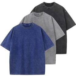 Herren Baumwolle T-Shirts Oversized Unisex Kurzarm Casual Loose Wash Solid Basic Tee Tops, A-blau + grau + schwarz, L von KEEPSHOWING