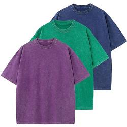 Herren Baumwolle T-Shirts Oversized Unisex Kurzarm Casual Loose Wash Solid Basic Tee Tops, A-lila+grün+blau, M von KEEPSHOWING