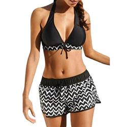 KEERADS BIKINI Damen Set Push Up Bandeau Neckholder Sport Große Größen Badeanzug Bademode Bikinioberteil + Hotpant (M, Z-Schwarz 1) von KEERADS BIKINI