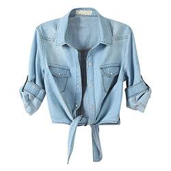 Damen Jeanshemd Jacke 3/4 Ärmel Knoten Krawatte Button Down Crop Casual Fashion Jean Top von KEERADS