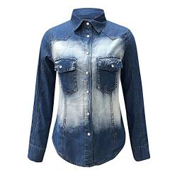 KEERADS Damen Distressed Denim Shirt Knopf Langarm Tasche Patchwork Mantel Bluse von KEERADS