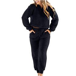 KEERADS Lässiger Pyjama für Damen, weicher, Warmer Fleece-Pullover, Warmer Reißverschluss, Top, Sporthose, Anzug für den Winter Schlafanzug Overall Damen (Black, S) von KEERADS