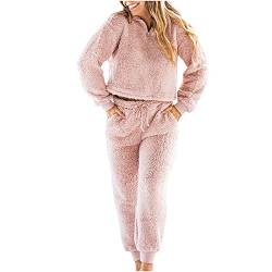 KEERADS Lässiger Pyjama für Damen, weicher, Warmer Fleece-Pullover, Warmer Reißverschluss, Top, Sporthose, Anzug für den Winter Schlafanzug Overall Damen (Pink, M) von KEERADS