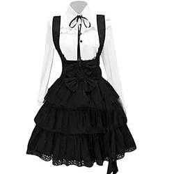 Women's Two-Piece Suit Costume Medium Waist Tutu Skirt Lapel Dress Temperament Lolita Classic Dress (Black, M) von KEERADS