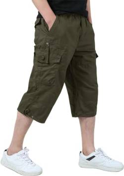 KEFITEVD 3/4 Hose Herren Cargo Shorts Lang Bermuda Dreiviertel Hose mit Mutil Taschen Baumwolle Sommerhose mit Gummizug Armeegrün EU 38, CN 4XL von KEFITEVD