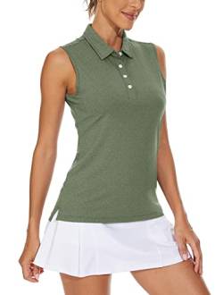 KEFITEVD Ärmellos Poloshirt Damen Golf Tennis Schnelltrocknend Funktionsshirt Reiten Shirt Frauen Running Sport Oberteil Meliert Dunkeloliv L von KEFITEVD