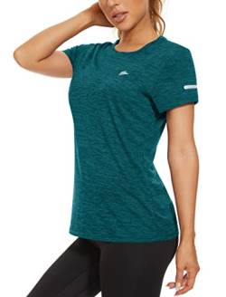 KEFITEVD Atmungsaktiv Tshirt Damen Sport Stretch Laufshirt Kurzarm Golf Shirt Leicht Dünn Yoga Oberteil Frauen Rundhals Schnelltrocknend Fitnessshirt Meliert Jadegrün L von KEFITEVD