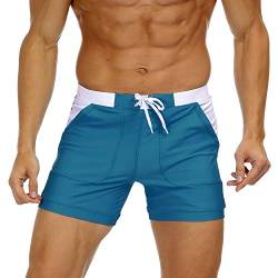 KEFITEVD Badehose Herren Eng Schlicht Bademode Schwimmhose Patchwork Elastisch Slim Fit Surfshorts mit Gummizug Männer Strandhose Pfauenblau 40 von KEFITEVD