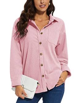 KEFITEVD Blusen für Damen Cord Hemd Langarm Casual Blusenshirt Leichte Business Langarmshirt Atmungsaktiv Hemdbluse Frühling Basic Shirt Freizeit Locker Oberteil Hellrosa L von KEFITEVD