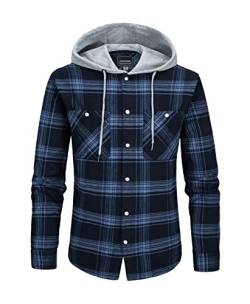 KEFITEVD Check Shirt Herren Freizeit Flanell Karojacke Leicht Atmungsaktiv Kapuzenhemd mit Kordelzug Männer Knopfleiste Langärmliges Baumwollhemd Grau-Blau 3XL von KEFITEVD