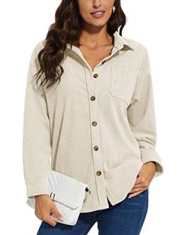 KEFITEVD Corduroy Shirt for Women Casual V Neck Tunic Tops Long Sleeve Button Down Shirts with Pocket,Creamy White,2XL von KEFITEVD