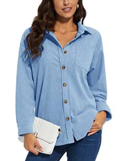 KEFITEVD Damen Cordhemd Casual Button Down Blusen Oversized Fit V Ausschnitt Langarm Hemdjacke mit Tasche, hellblau, X-Large von KEFITEVD