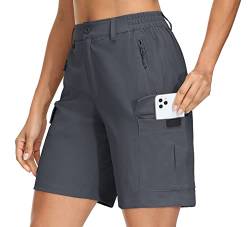 KEFITEVD Damen Knielang Wandershorts Schnelltrocknend Kurz Trekkinghose Sommer Bermuda Golf Shorts Stretchbund Outdoorshorts mit Multi Tasche Dunkelgrau XL von KEFITEVD