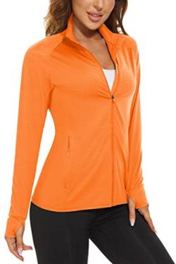 KEFITEVD Damen Laufjacke Herbst UV Schutzkleiung Sportjacke Leicht Stehkragen Sweatjacke Langarm Trainingsjacke Daumenloch Jacke mit Tasche für Yoga Fitness Leuchtendes-Orange M von KEFITEVD