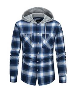 KEFITEVD Flanellhemd Herren Kariert Baumwolle Shirt mit Kapuze Langarm Freizeit Hemd Weich Leicht Holzfällerjacke Atmungsaktiv Knopfleiste Oberteil Regular Fit Blau-Weiß 3XL von KEFITEVD