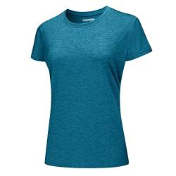 KEFITEVD Funktions Shirt Damen Atmungsaktiv Kurzarm Fitnessshirt Rundhals Ausschnitt Fahrrad Tshirt Leicht Stretch Trekkingshirt für Frühling Sommer Meliert Pfauenblau M von KEFITEVD