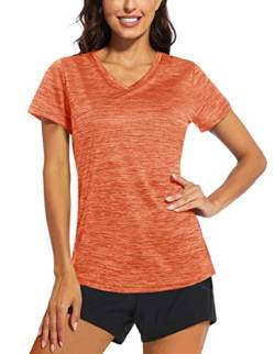 KEFITEVD Funktionsshirt Damen Kurzarm V-Neck Sport T-Shirt Dünn Yoga Shirt Jogging Laufshirt Atmungsaktiv Leicht Fitnessshirt Stretch Joggingshirt Polyester Top Meliert Orange L von KEFITEVD