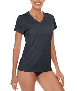 KEFITEVD Funktionsshirt Damen Kurzarm V-Neck Sport T-Shirt Leicht Yoga Shirt Atmungsaktiv Laufshirt Meliert Schwarz XL von KEFITEVD