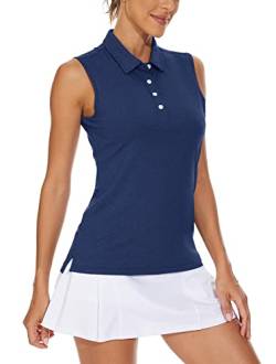 KEFITEVD Golf Polo Damen Ärmellos Stretch Sport Top Gym Yoga Oberteil Leicht Sommer Poloshirt Frauen Joggingshirt mit Kragen Meliert Dunkelblau 2XL von KEFITEVD