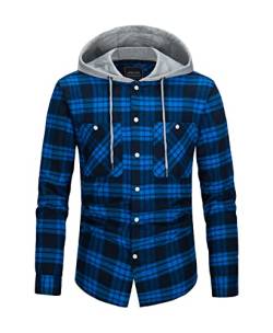 KEFITEVD Hemd Jacke Kariert Herren Langarm Flanellhemd Baumwolle Weich Hemdjacke Hooded Casual Freizeitshirt mit Kordelzug Frühling Herbst Karohemd für Holzfällen Sport Königsblau 3XL von KEFITEVD