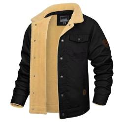 KEFITEVD Herren Sherpa Fleece gefüttert Trucker Jacken Pelzkragen Militär Cargo Jacke Stehkragen Casual Outwear Parka Winter Steppmantel Schwarz von KEFITEVD