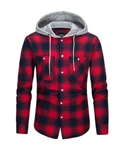 KEFITEVD Holzfäller Jacke Herren Kapuze Freizeitshirt Casual Kariert Hemdjacke mit Brusttaschen Outdoor Atmungsaktiv Karohemd Weich Knopfleiste Baumwollshirt Rot 3XL von KEFITEVD