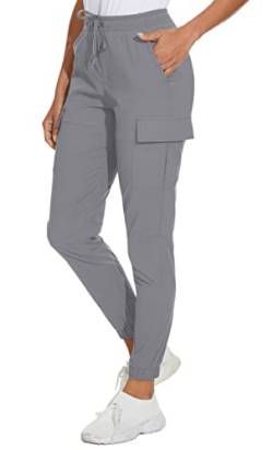 KEFITEVD Jogginghose Damen mit Gummibund Funktionshose Stretch Quick Dry Wanderhose Outdoor Leicht Sporthose mit 5 Taschen Atmungsaktiv Angelnhose Hellgrau XS von KEFITEVD