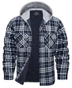 KEFITEVD Kariertes Hemd Jacke Herren Winter Thermo Flanellhemd Outdoor Hoodie Holzfällerjacke Casual Warm Hemdjacke Gefüttert Übergangsjacke mit Kapuze Holzfällerhemd Dunkelblau 2XL von KEFITEVD