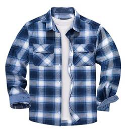 KEFITEVD Karohemd Herren Flanell Baumwolle Holzfäller Hemd mit Brusttaschen Casual Plaid Shirt Kariert Freizeithemd Männer Arbeitshemd Blau-Weiß M von KEFITEVD