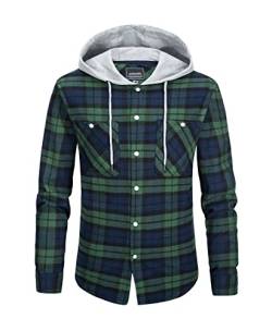 KEFITEVD Karohemd Herren Langarm Atmungsaktiv Checkshirt mit Brusttaschen Hooded Leicht Freizeitjacke Baumwolle Kariert Hemdjacke für Frühling Herbst Grün 3XL von KEFITEVD